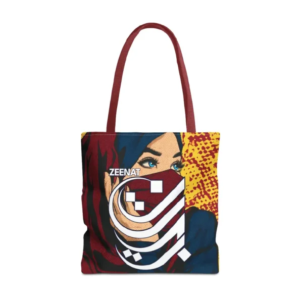 Product shot of the Zeenat personalised Arabic name tote bag showing premium structure, handle and boxed corners design by BinMahmood.
