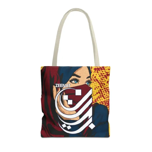 Product shot of the Zeenat personalised Arabic name tote bag showing premium structure, handle and boxed corners design by BinMahmood.